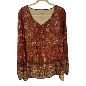 Miraclebody By Miraclesuit L Long Sleeve Floral BlouseTop Flowy Fall Red Print